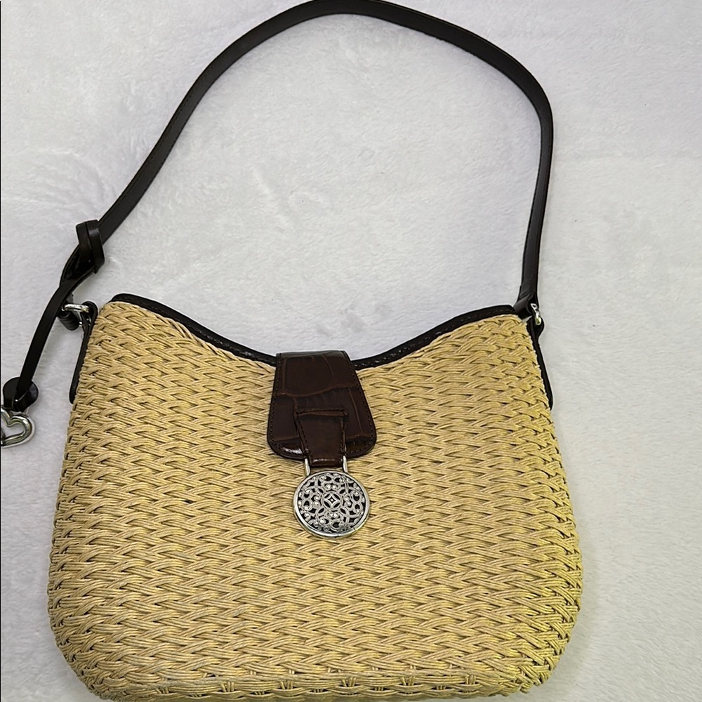 Brighton Straw Shoulder Bag with Dark Brown Trim and Silver Accent